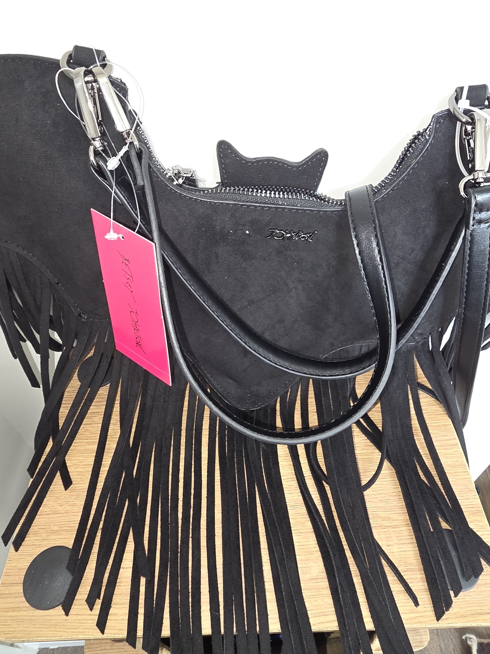 Betsey Johnson Black Suede Bat Fringe Shoulder Bag